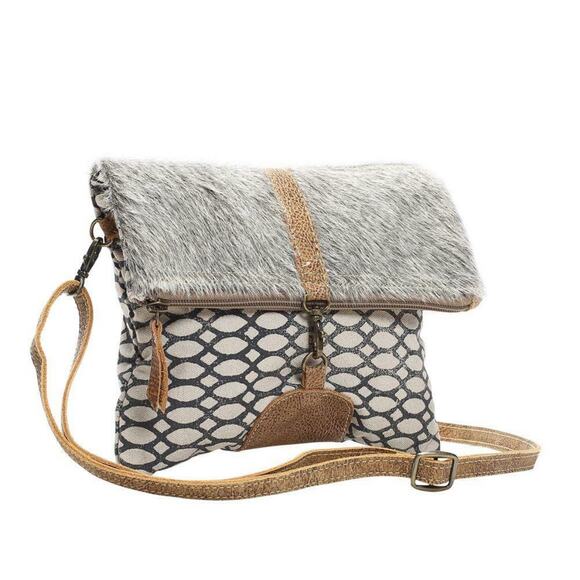 Myra‎ Bag Crossbody Foldover Hair on Upcycled Canvas Leather Western Beige Gray - Picture 1 of 15